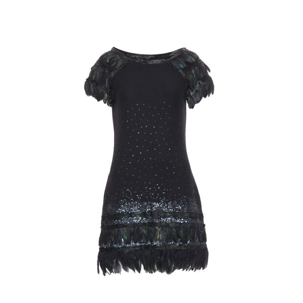 DIANE VON FURSTENBERG black wool iridescent sequin feather hem mini dress S